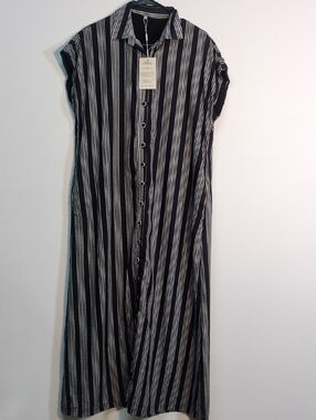 Modesees Black White Stripe Maxi Shirt Dress